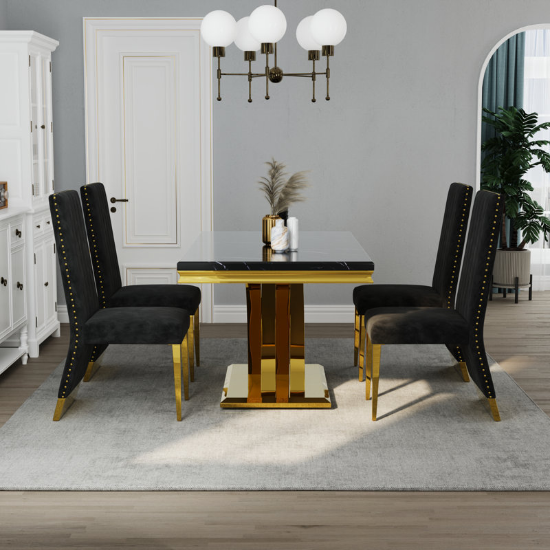Ensemble de table de salle à manger 5 pièces en marbre noir et or avec 4 chaises en velours noir, Noir, Noir