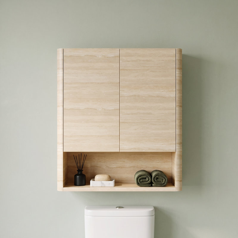 Armoire de salle de bain murale 26 po avec portes et rangement ouvert, Naturel