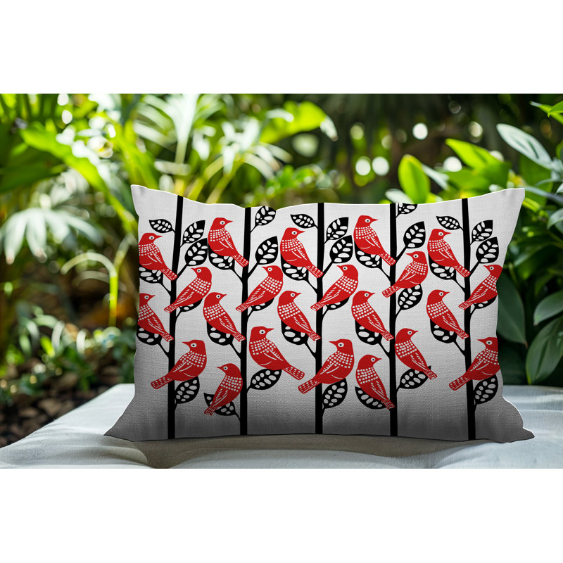 Oreiller rectangulaire intérieur / extérieur Tanza Bird, Rectangle H 14 po x l 20 po, Rouge