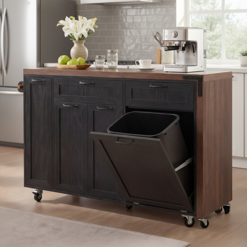 Black Multi-Functional Kitchen Island Trolley, Extendable Dining Table + Hidden Trash Can, Three-Tier Spice Rack With Wheels For Easy Movement, Suitable For Dining And Kitchen Spaces.