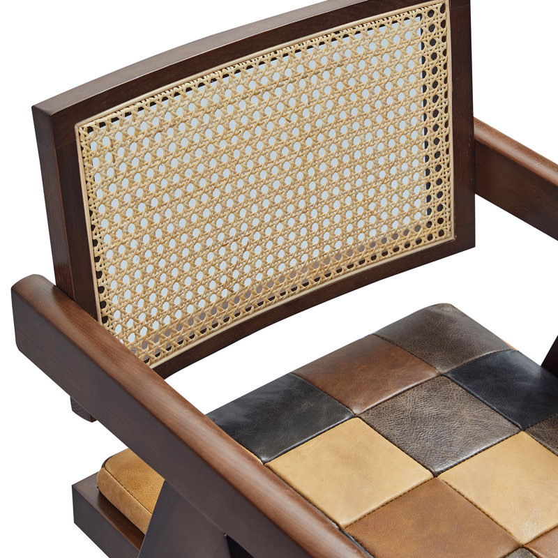 Andrene Solid Wood Rattan Genuine Leather Arm Chair Dining Chair, Vintage Walnut