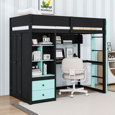 2 Drawers Wood Loft Bed with Desk, Wardrobe, Shelves, USB Ports and LED Lighting