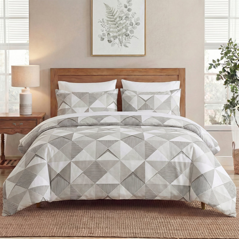Ensemble de literie 100% coton avec fermeture à glissière et attaches d'angle pour très grand lit à housse de couette à motif géométrique gris