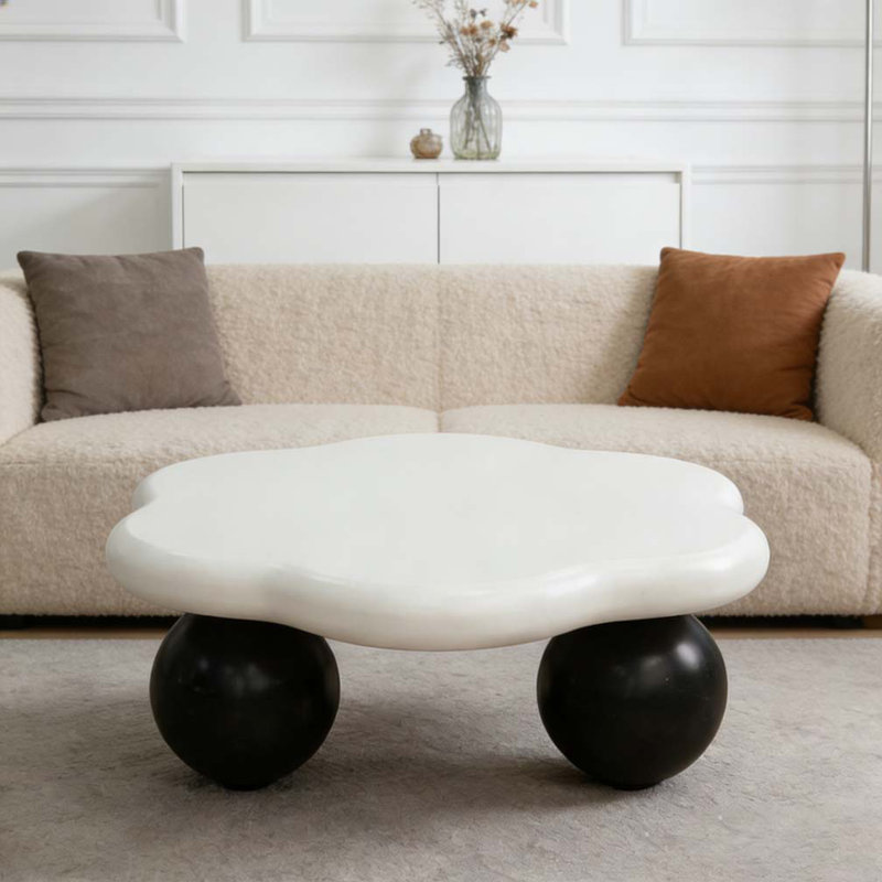 Table basse 35 "en forme de nuage, table basse minimaliste moderne en forme de pétale avec pieds sphériques, Noir blanc 1