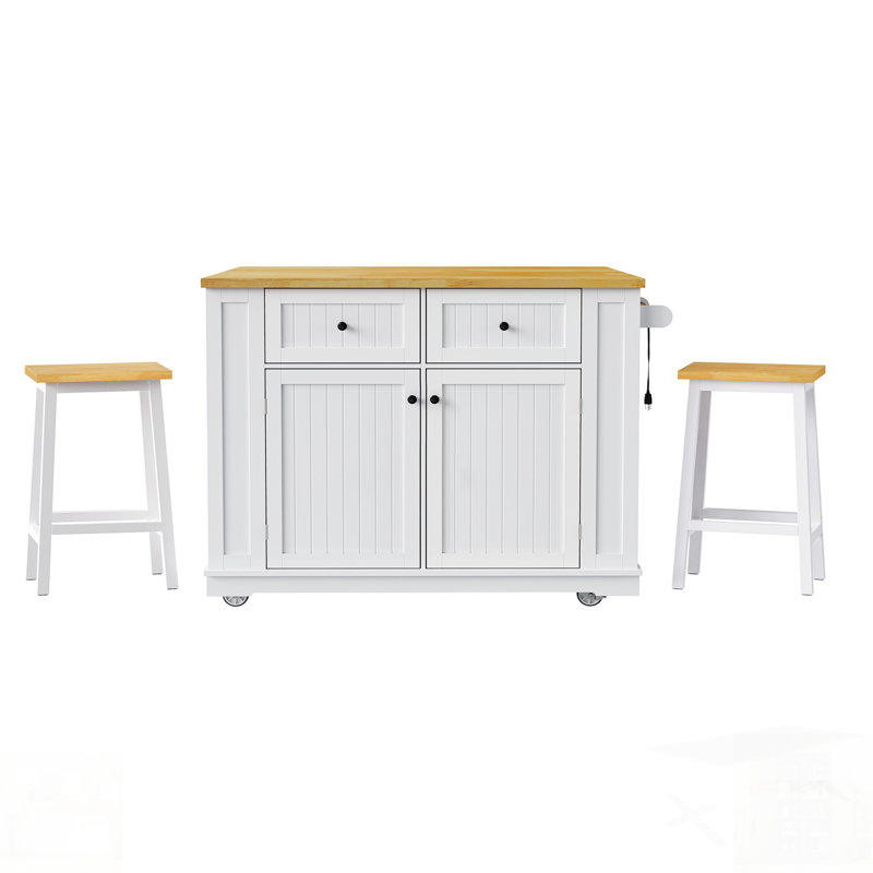 Kitchen Island With 2 Bar Stools, Power Outlet, And Ample Storage For Modern Kitchens And Dining Rooms, White