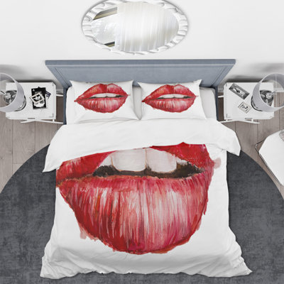 Valentines Day Red Woman Lips - Modern Duvet Cover Set - Microfiber Polyester