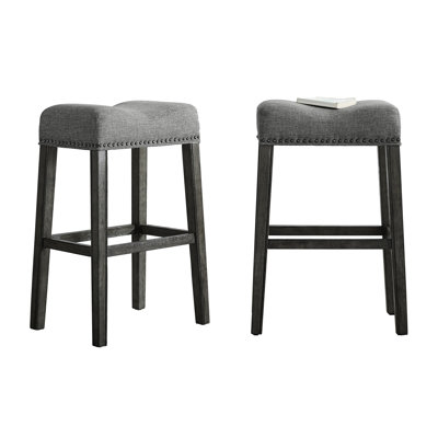 29" Saddle Seat Bar Stools, Gray. Constructed From Real Wood With Weathered Appearance. Upholstered In Grey. Modern For Residential. Of 2. 18"w X 13"d 29"h. Assembly Needed Gray 29". Made Design