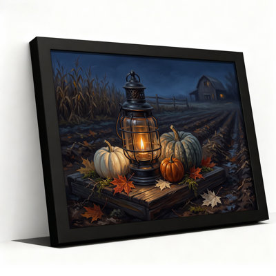 " Glowing Lantern And Pumpkins Near Barn At Night Halloween " Painting