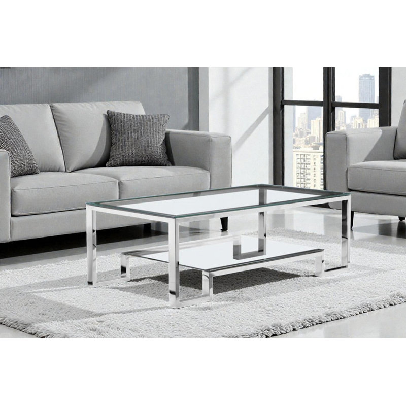 Declan Glass Top Single Coffee Table, 18" H x 54" W x 28" D, High Polish Steel