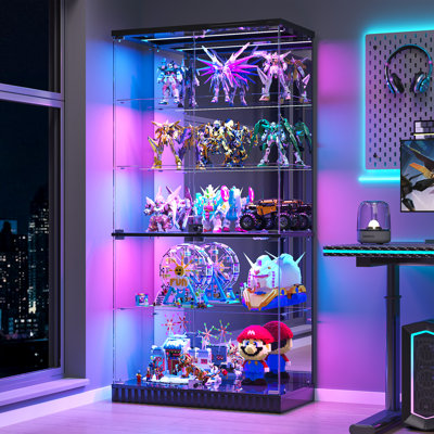 67''H Glass Display Cabinet With Rgb Sensor Lights, 5-Tier Storage Cabinet with Lock