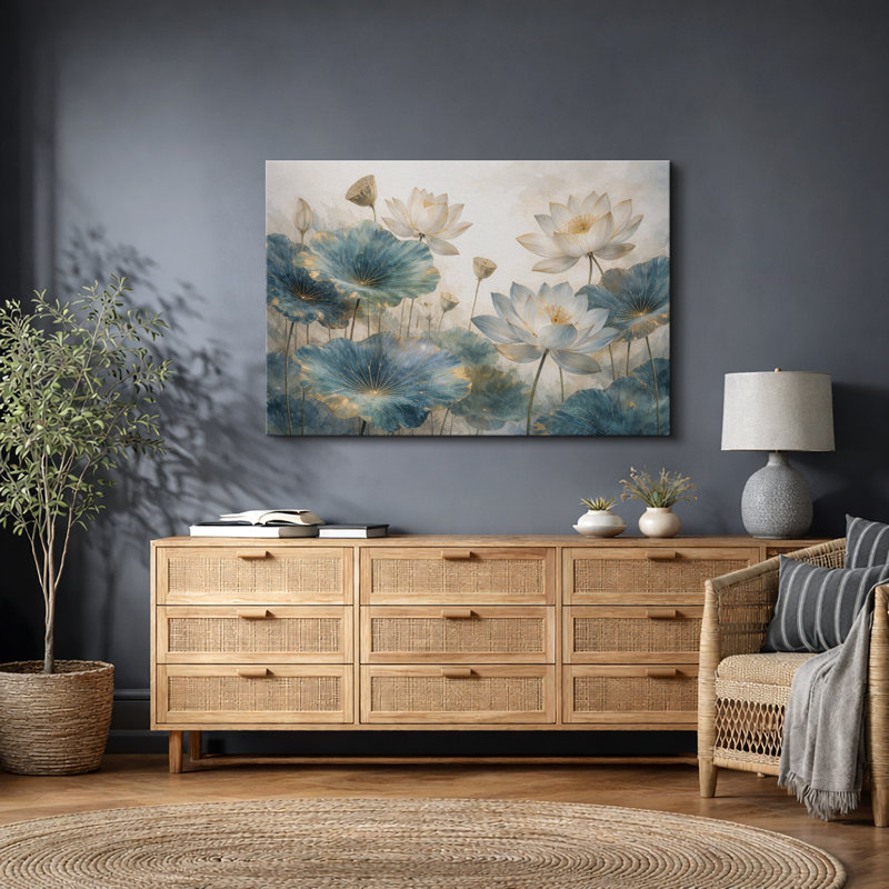 Art de fleurs de lotus, images de jardin d'eau, art mural impression sur toile encadrée, H 12 po x l 18 po x P 1,5 po