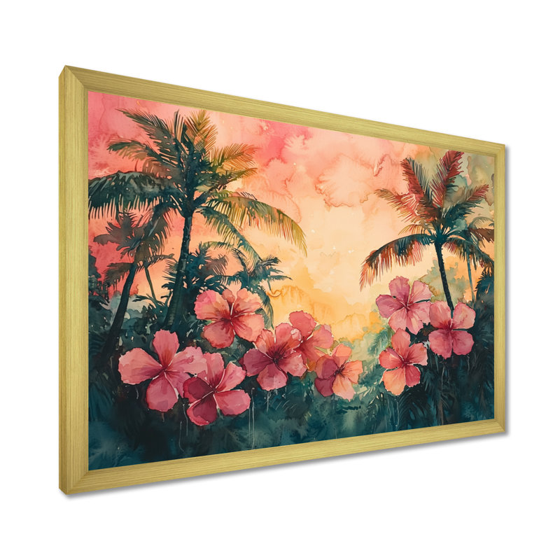 Chui, fleurs d'hibiscus en harmonie tropicale II - art mural hibiscus, H 12 po x l 20 po, Reproduction encadrée, Doré