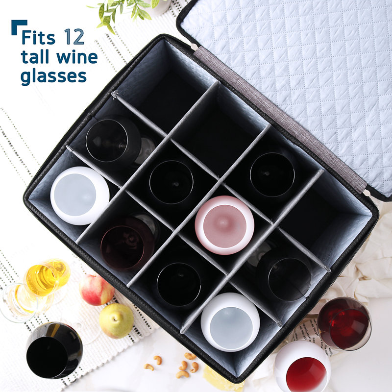 Hard Shell Wine Glass/Stemware Storage Box with Dividers, Gray, Pack of 1