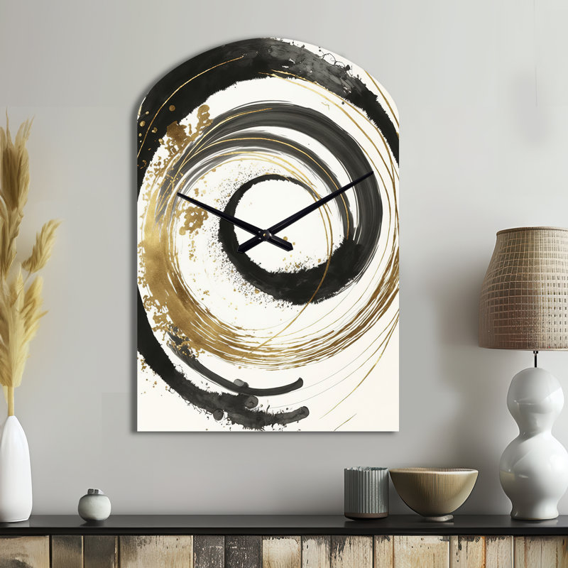 «Black and Gold Curves IV - Abstract Spirals», horloge murale, Grand