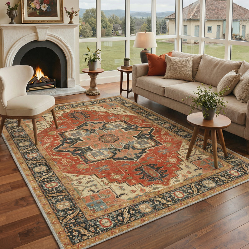 Alhambra Vintage Floral Machine Washable Terracotta / Charcoal / Beige Indoor Area Rug with Non-Slip Backing