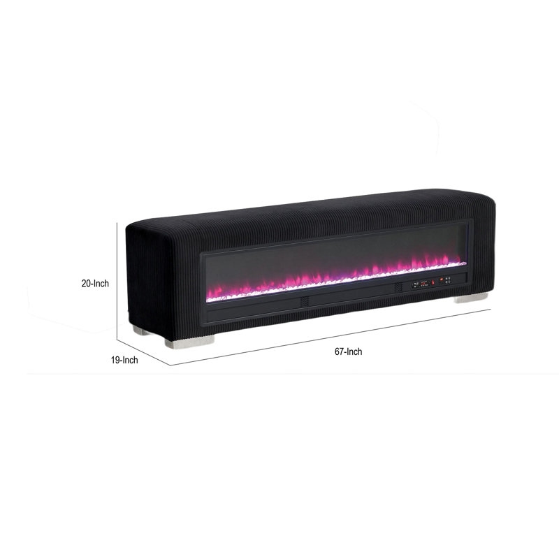 Banc Elna avec foyer à cristaux visuels, système audio et télécommande, noir, Black, Black, Silver