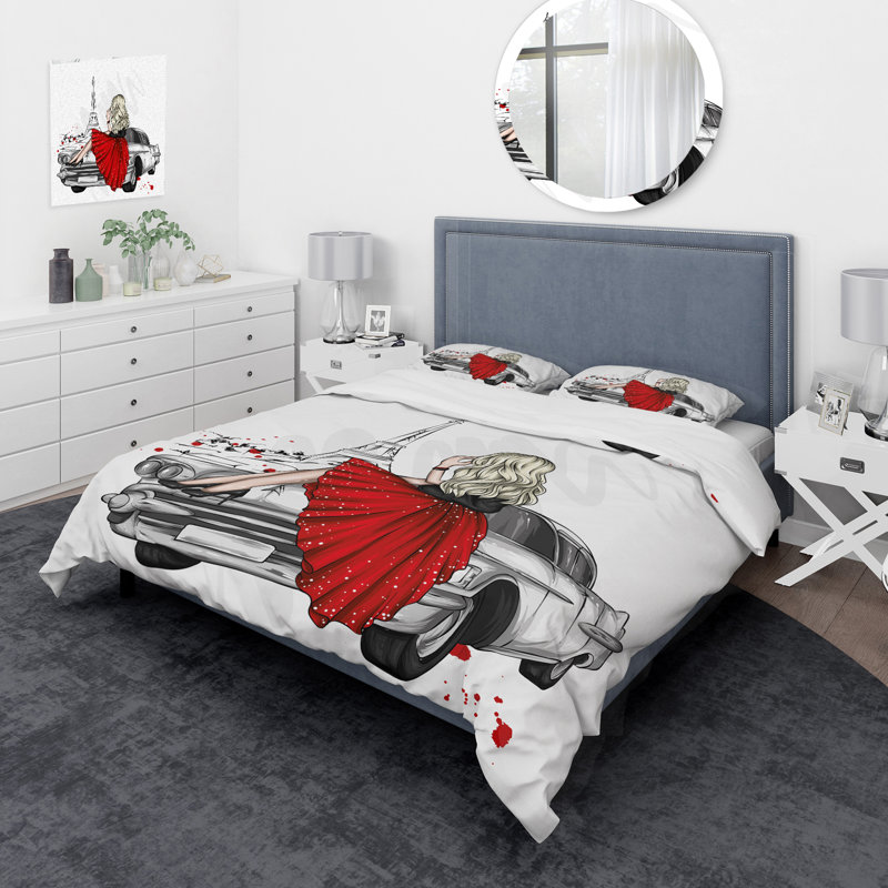 Jeune femme sur une voiture rétro - ensemble de housse de couette moderne - microfibre de polyester