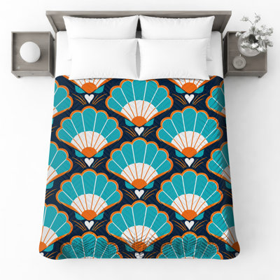 Blue Orange Shell Pattern Quilted Bedspread All Sizes