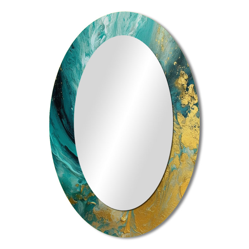 Vagues dorées dorées éclatantes abstraites III - Grand miroir mural ovale sur métal, 36 po x 24 po