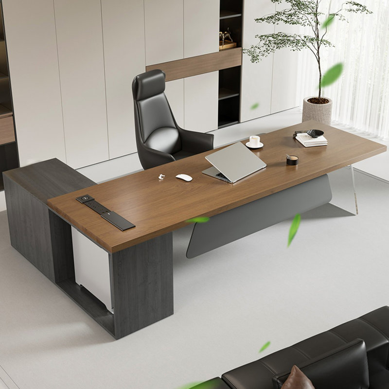 Bureau de direction rectangulaire en bois massif brun clair + acrylique, 29.53" H x 62.99" W x 55.12" D, Retour à droite