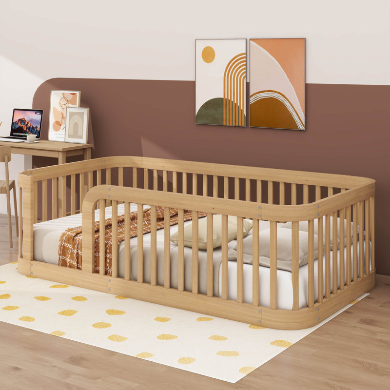 Stylish Twin Wood Floor Bed Frame Boasting Chic Fence Detailing, Natural