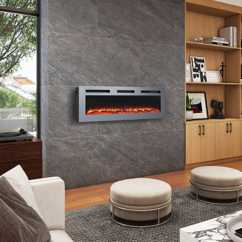 Wall Mounted/Recessed-In Stainless Steel Electric Fireplace, 17" H x 50" W x 4.1" D