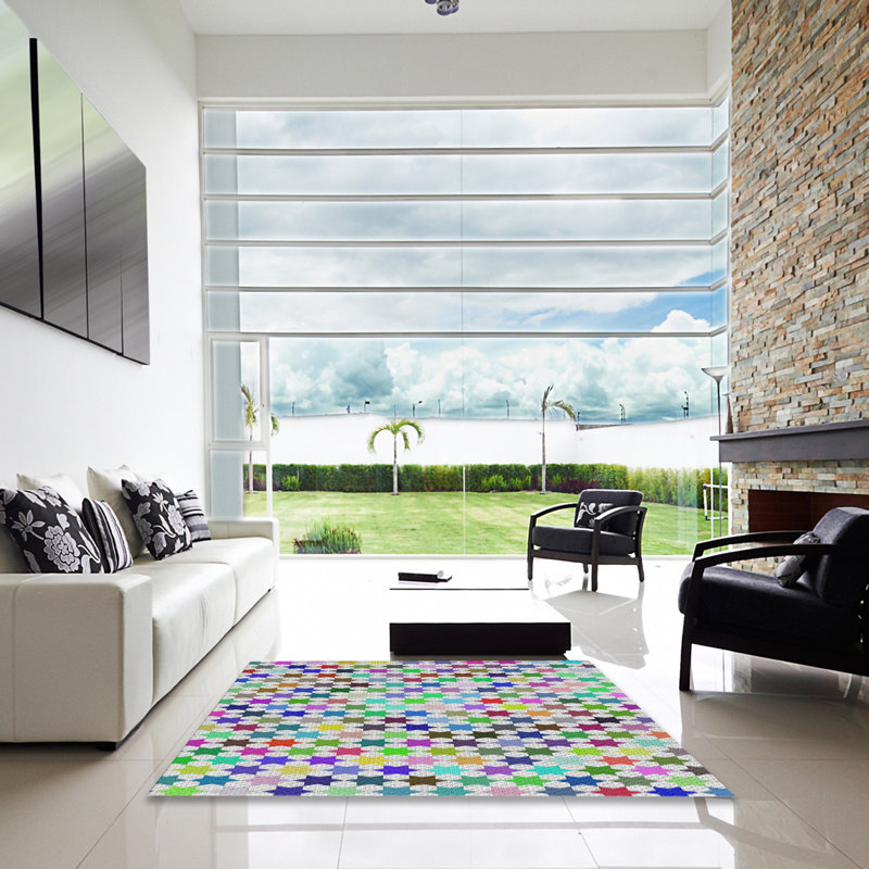 Tapis géométrique gris / vert / rouge, Carré 6 pi