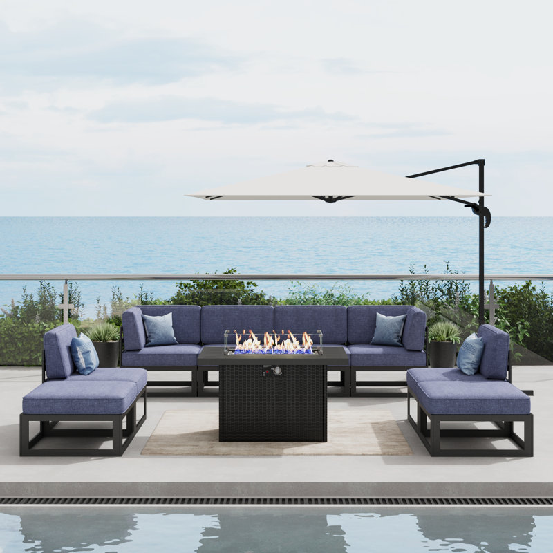 9 - Piece Outdoor Modular Sectional Set with Fire Table, Navy Blue