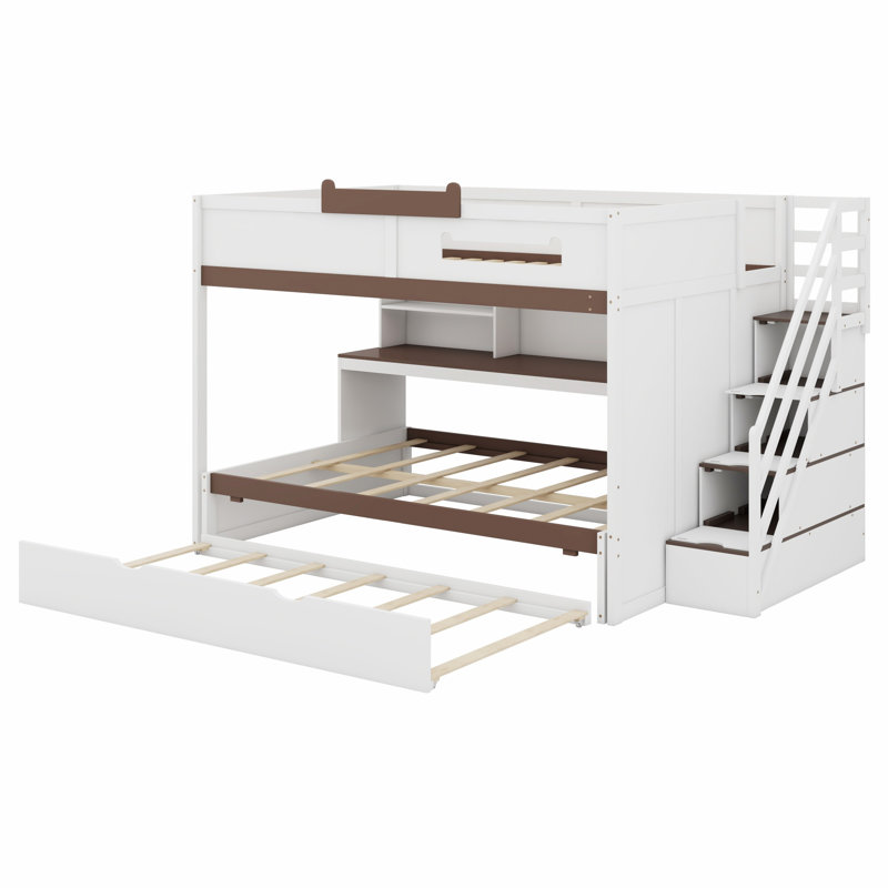Lit superposé multifonctionnel avec escalier, lit gigogne et tablettes de rangement, DEL, Blanc