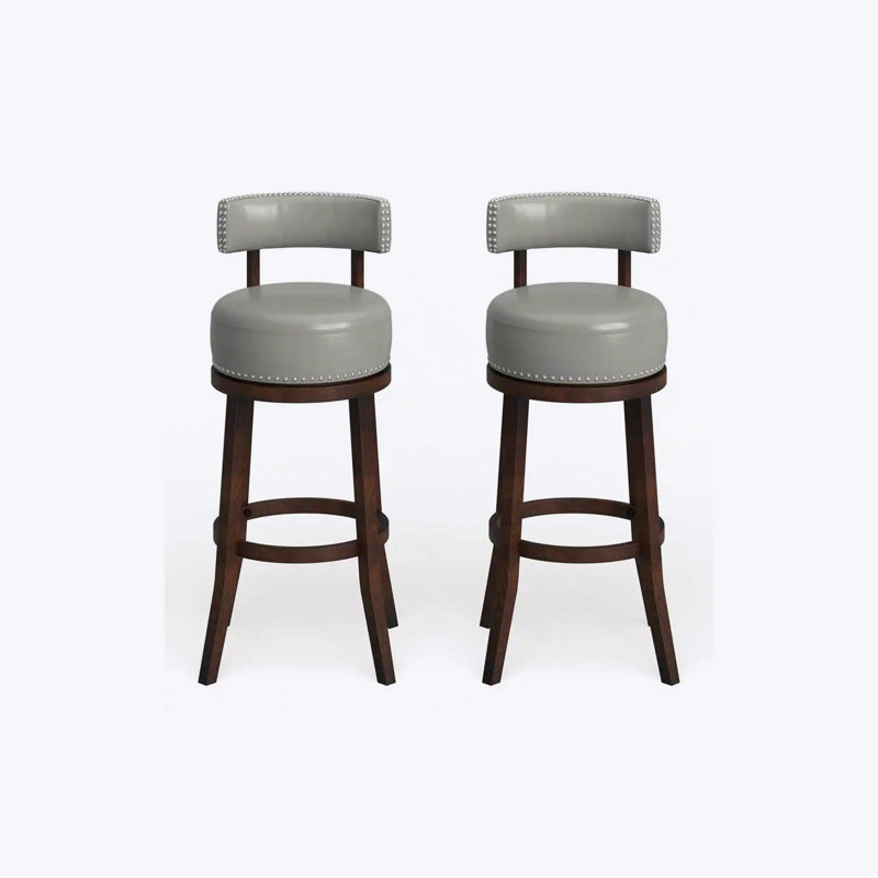 Ensemble de 2 tabourets de bar pivotants de 30 po: bois de chêne foncé, sièges en similicuir gris foncé