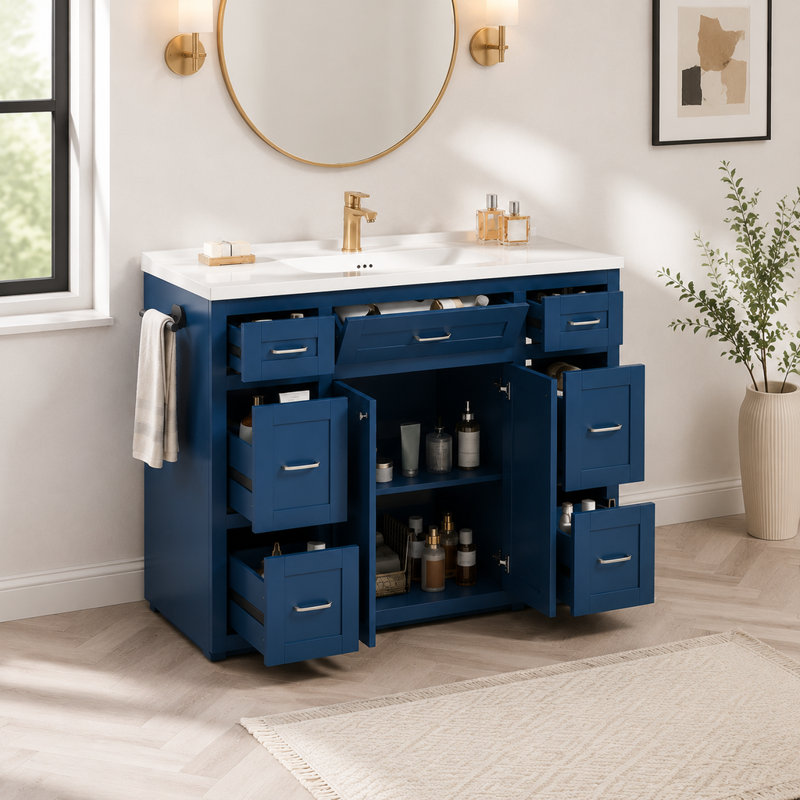 Meuble-lavabo bleu marine de 123 cm (48,36 po) avec lavabo en céramique, 6 tiroirs, tiroir central à ouverture latérale, portes à fermeture amortie, porte-serviettes réversible, MDF