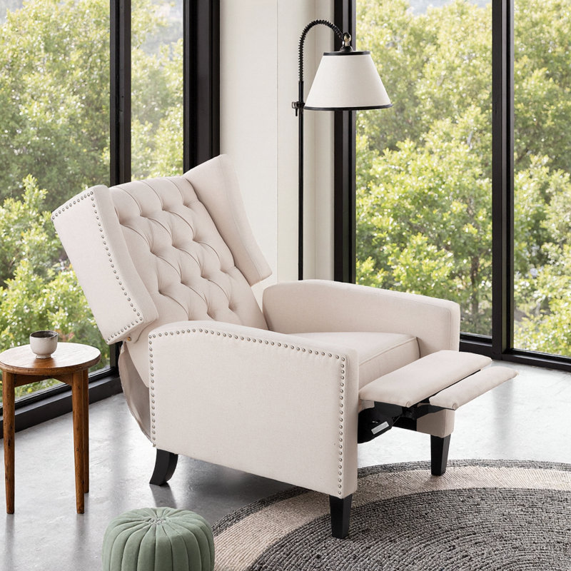 Ultra-Comfort Wingback Recliner Chair - Manual Recline, High Resilience Fabric & Solid Wood Frame for Lasting Luxury, Beige