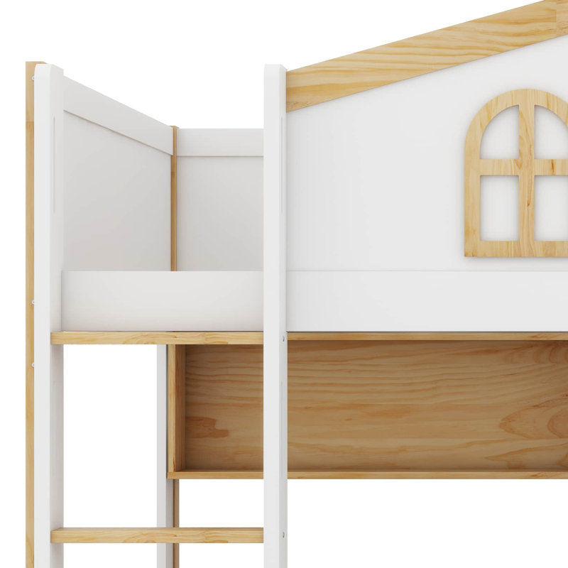 Lit superposé avec garde-corps en forme de maison et lit gigogne, lit superposé en bois avec tablettes de rangement