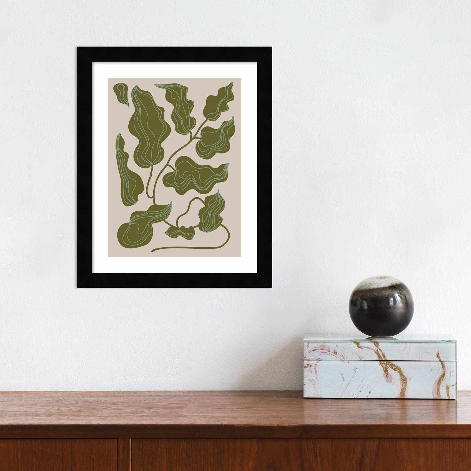 Expressive Abstract House Plant Green Print, Black, 13" H x 11" W x 1" D
