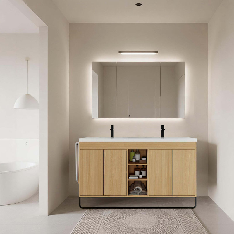 Meuble-lavabo autoportant de 60 po avec double lavabo en résine, porte à fermeture en douceur 4 et support de rangement à 3 ouvertures