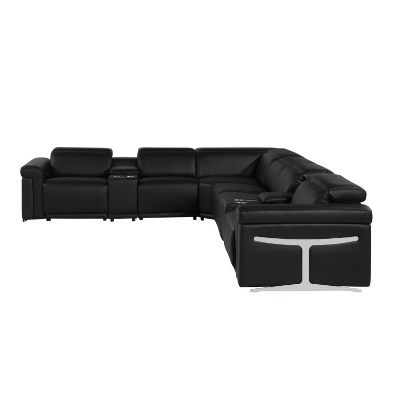 Suhur 8-Piece Top Grain Italian Leather Power Reclining Chaise Sectional, Black Genuine Leather