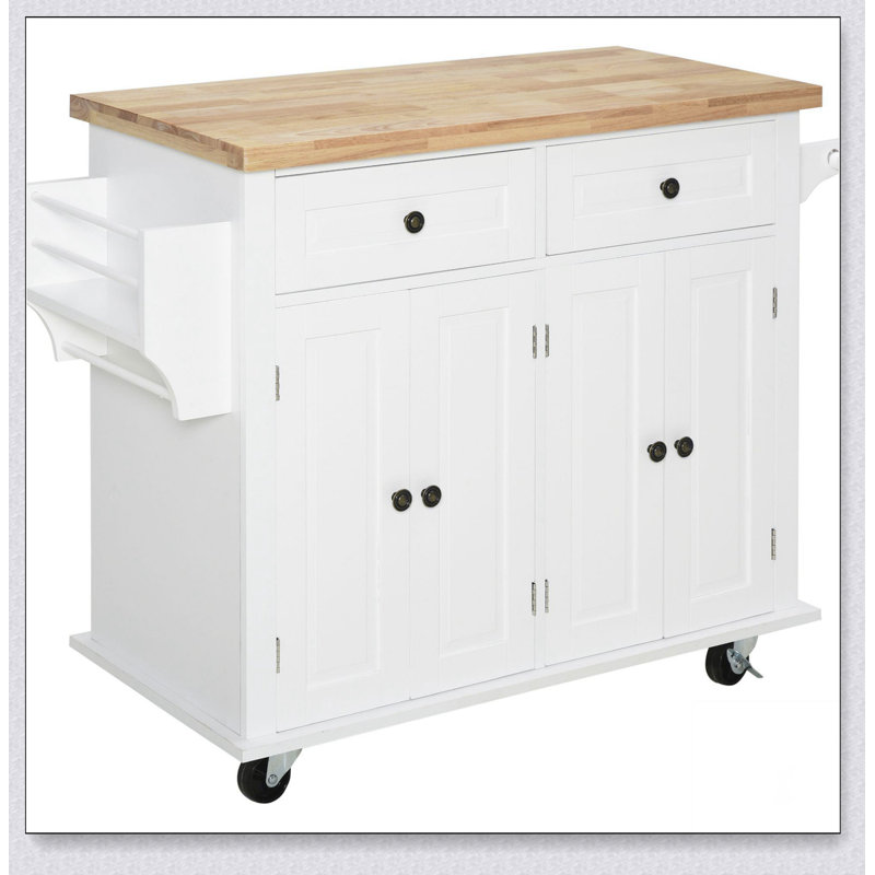 Îlot de cuisine sur roulettes, plateau en bois d'hévéa, porte-épices, porte-serviettes, tiroirs, gris, Blanc
