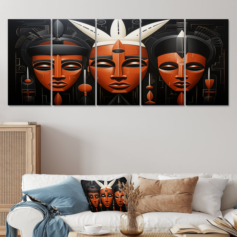 Noir et orange, motifs de Kuba africain - Masque africain, ensemble d'art mural 5 pièces, H 28 po x l 60 po