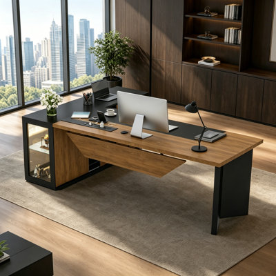 L-Shaped Executive Desk with Power Outlets, Drawers, Illuminated Cabinet, Modern Office Desk with Open Shelves, Computer Desk
