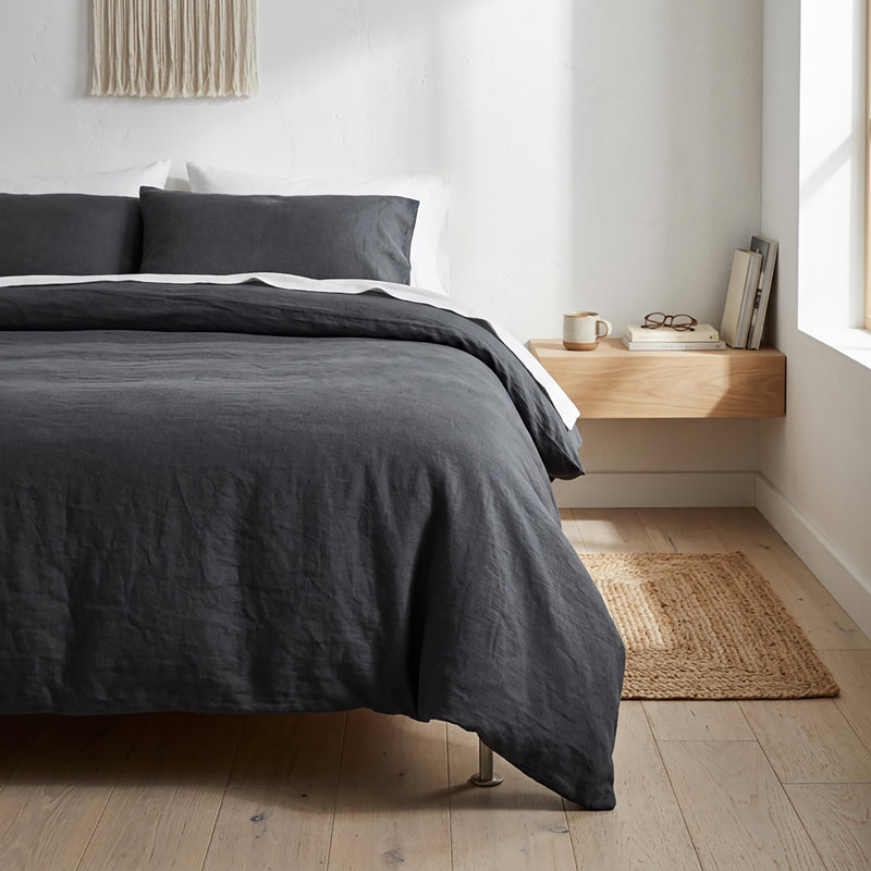 Housse de couette gris anthracite en lin à motif de tapis - très grand, Très grand lit