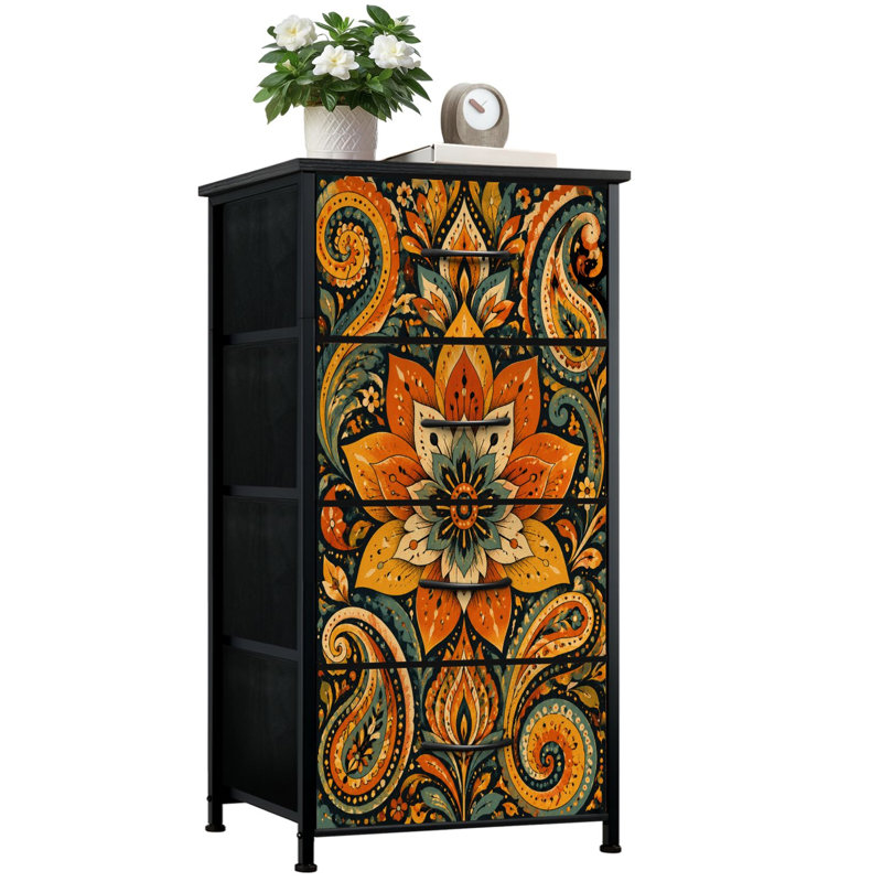 Commode à 4 tiroirs à rangement vertical ornée de mandala floral tourbillons à motif cachemire orange et sarcelle rétro avec tiroirs en bois