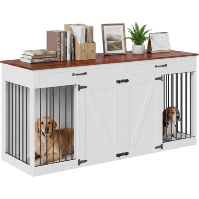 70.8" Large Dog Crate Furniture for 2 Dogs with 2 Drawers & Removable Divider, Farmhouse Kennel TV Stand for Medium-Large Breeds