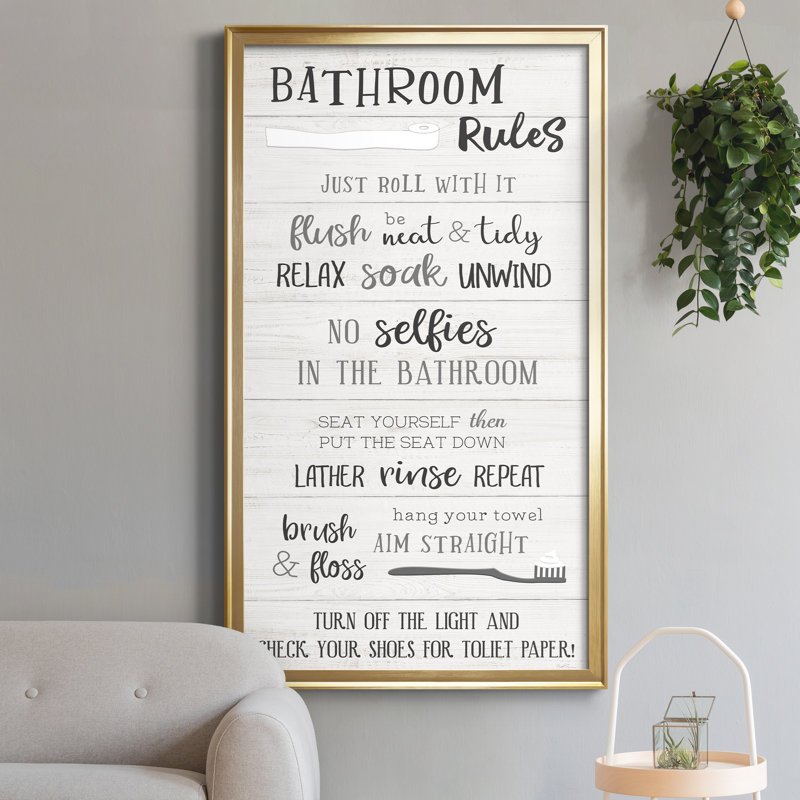 "Bathroom Rules" - Art textuel sur toile, Doré, H 22,5 po x l 42,5 po x P 1,5 po