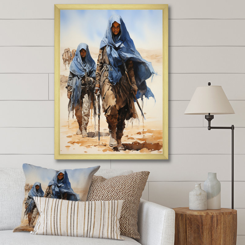 Tribu africaine, Touareg Sahara I - décoration murale tribu africaine, Cadre doré simple, H 32 po x l 16 po x P 1 po