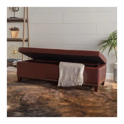 51-Inch Storage Ottoman Bench with Tufted Leather Upholstery and Nailhead Trim, Chestnut