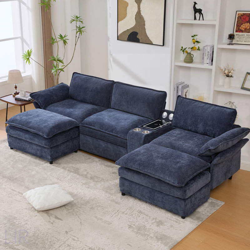 U Shaped Modular Sectional Sofa With Storage, Wireless Charging, Bluetooth Speakers, And Movable Footstools For Ultimate Comfort And Entertainment