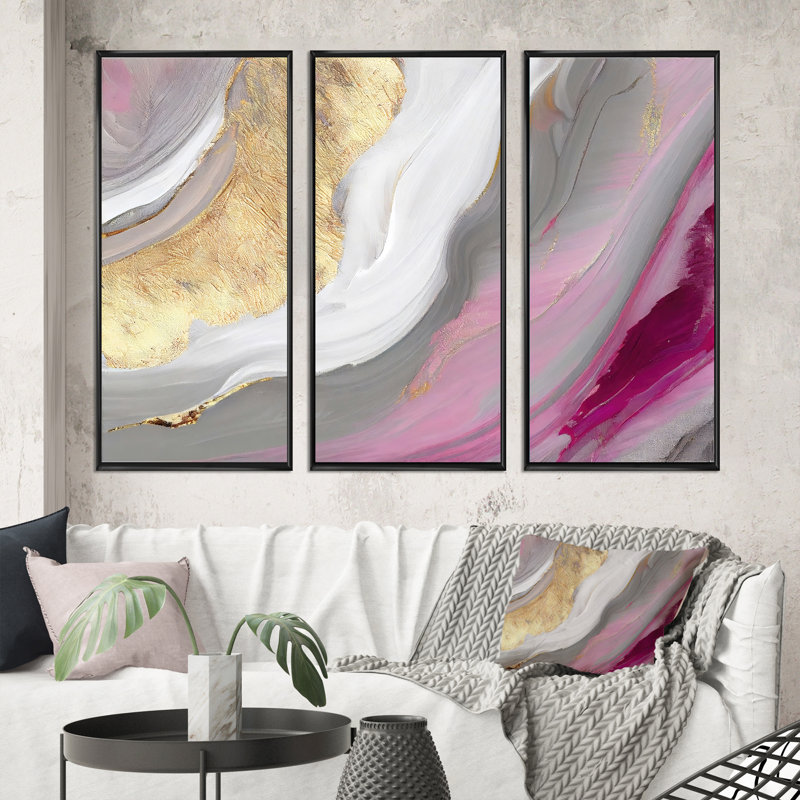 Rose et or marbré abstrait VI - ensemble d'art mural moderne sur toile, Cadre noir, H 28 po x l 36 po x P 1 po