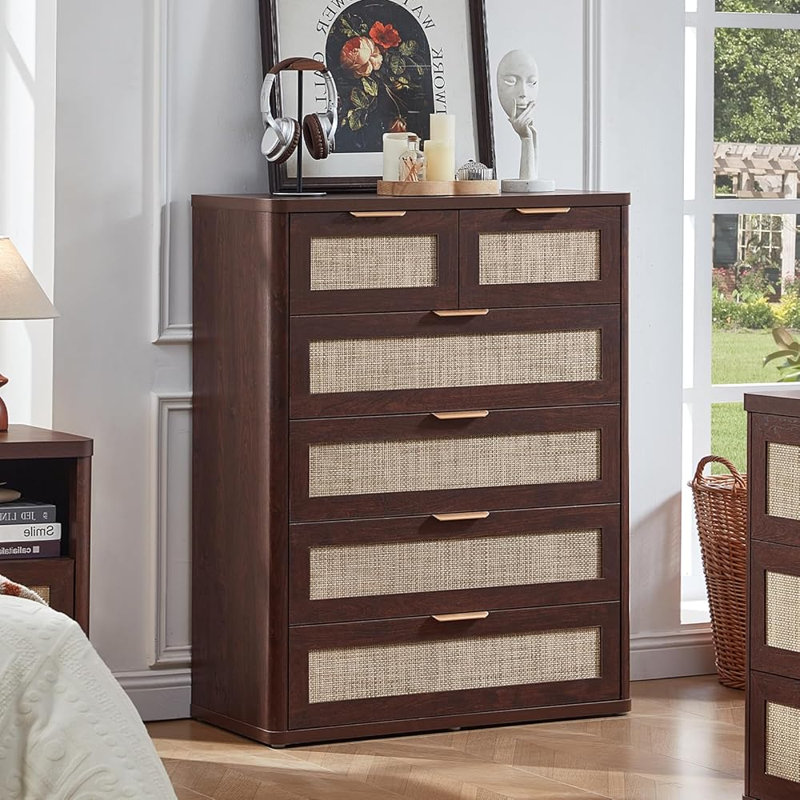 Ensemble de 3 commodes et tables de chevet en rotin, meubles de chambre à coucher en bois Boho, commode à 6 tiroirs et tables de chevet à 1 tiroir avec station de charge