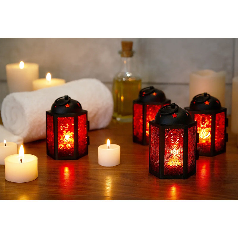 4.25" Mini Decorative Moroccan Candle Lantern Holders, Red