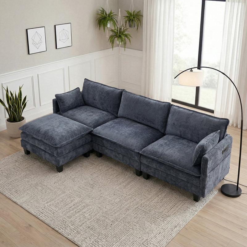Canapé de 108 pouces, canapé 3 places avec repose-pieds autoportant et port USB, Blue Chenille